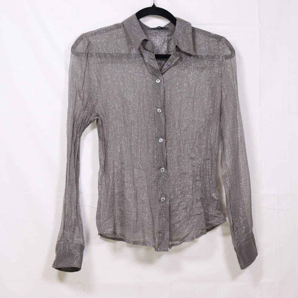 The Limited Button Down M Gray Womens Y2K Metallic Silk Blouse